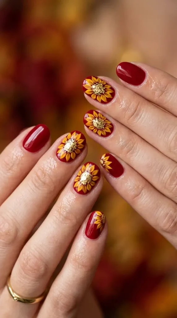 Scarlet Nails with Gold Sunflower Centers