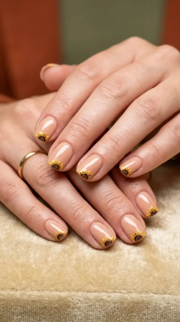 Short Acrylic Nails with Mini Sunflower Tips