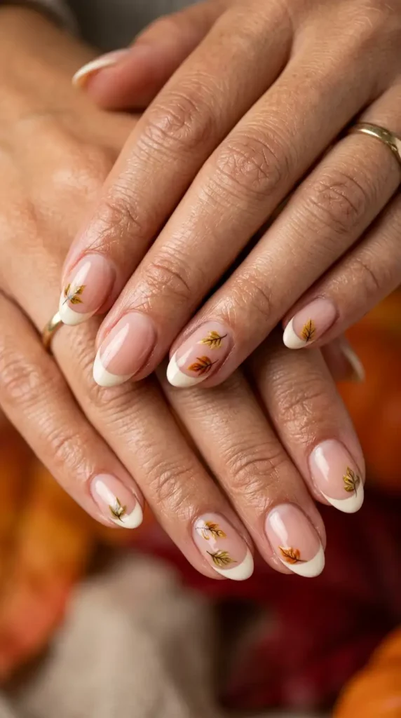 Short Almond French Tips with Leaf Art