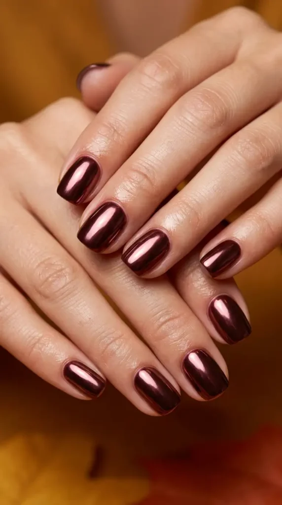 Short Burgundy Chrome Mirror Nails