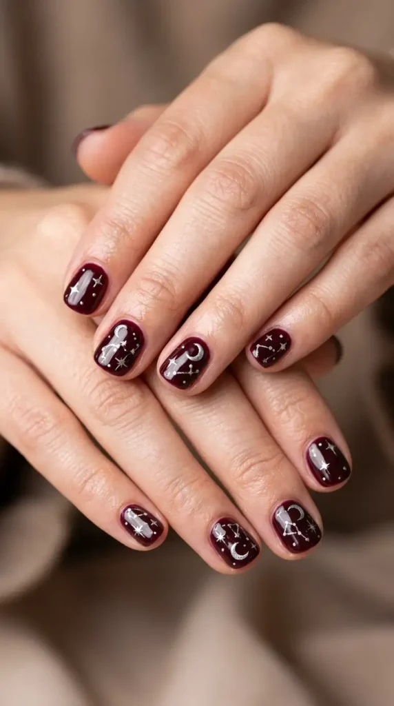 Short Burgundy Nails with Celestial Art