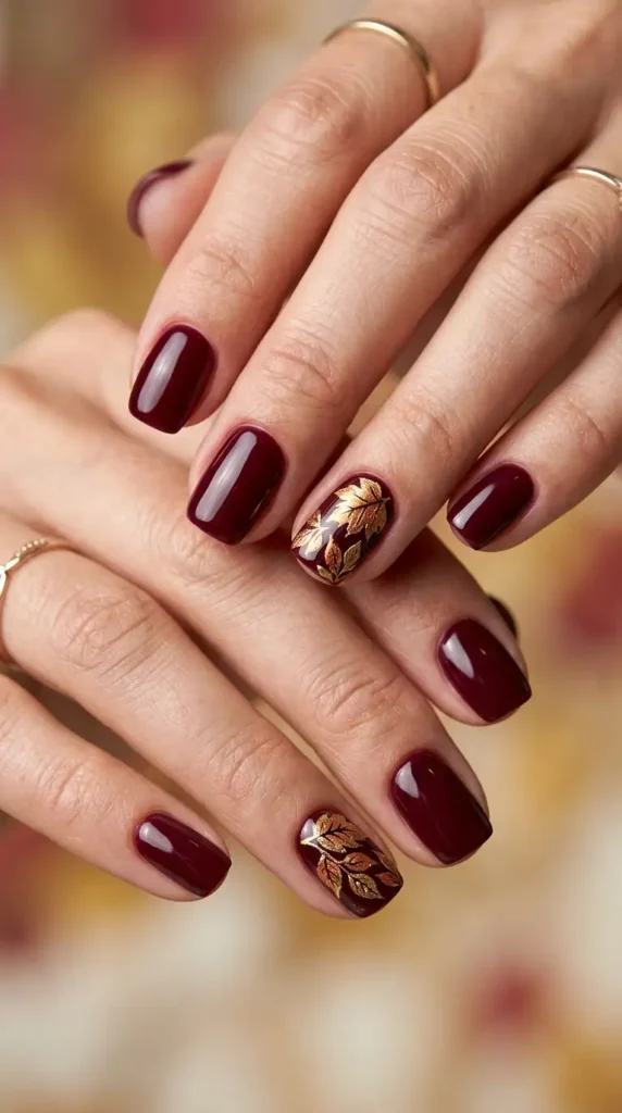Short Burgundy Nails with Leaf Accents