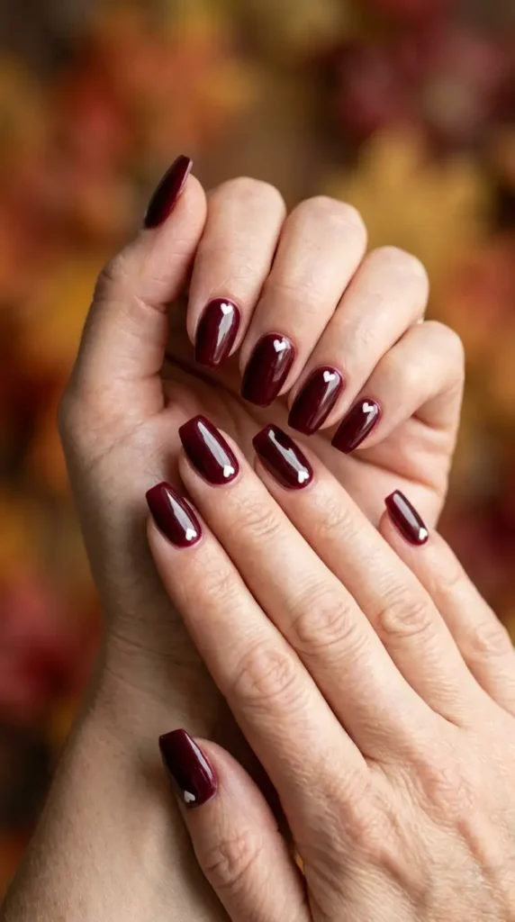 Short Coffin Burgundy Nails with Minimal Hearts