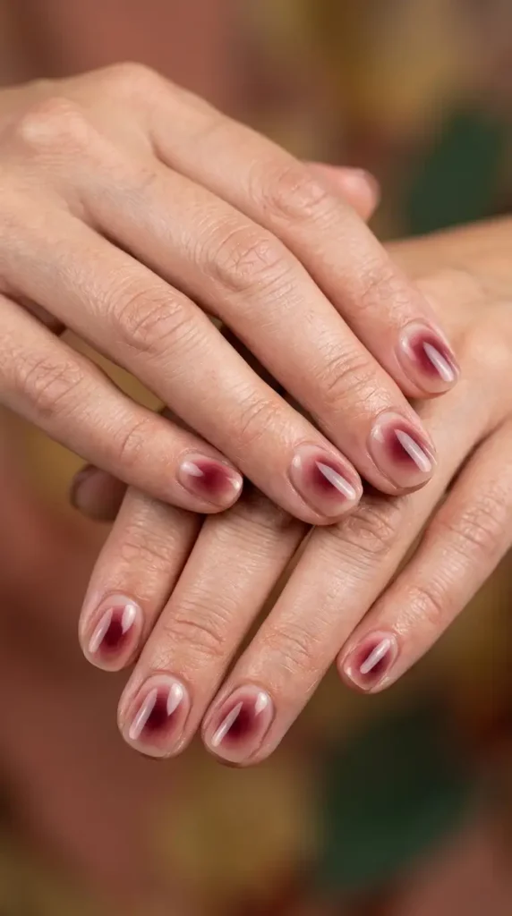 Short Gel Nails with Burgundy Aura Effect