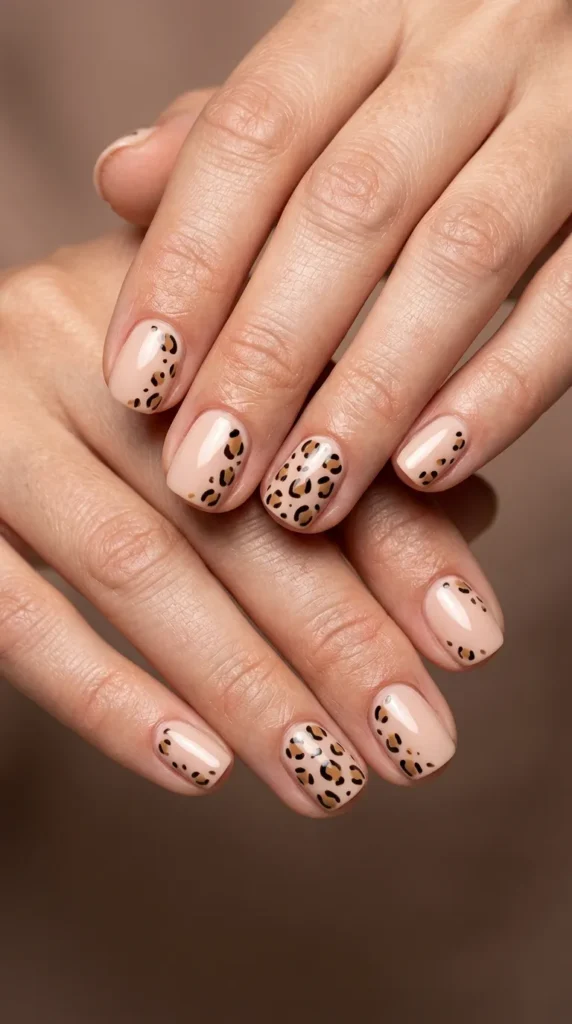 Short Nude Leopard Nails