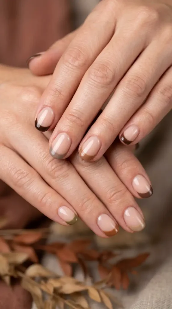 Short Round French Tips in Neutral Fall Shades