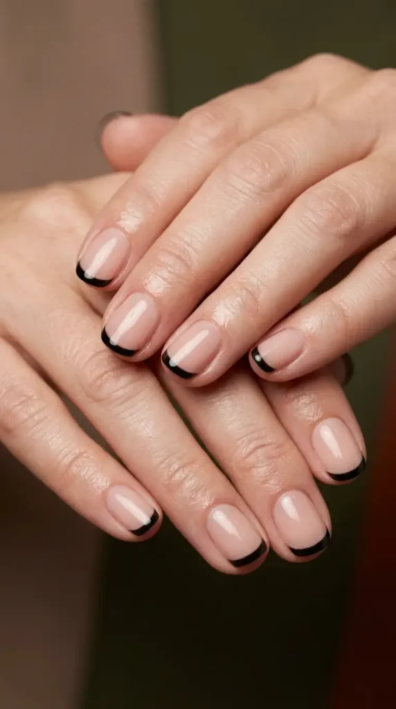 Short Rounded Black French Tips for Everyday Wear