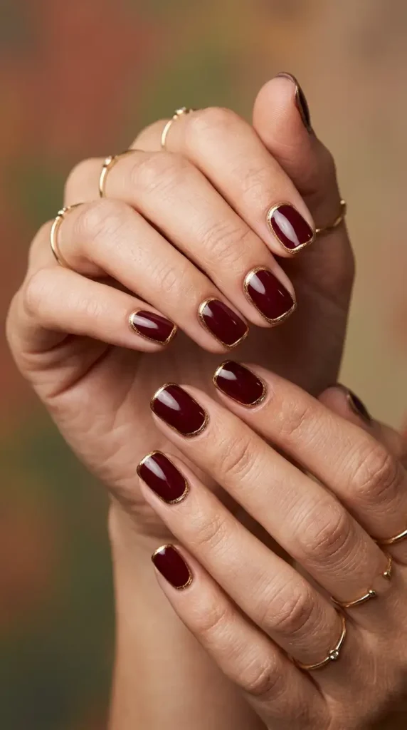Short Square Burgundy Nails with Gold Outline