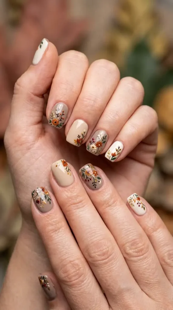 Short Square Neutral Floral Nails