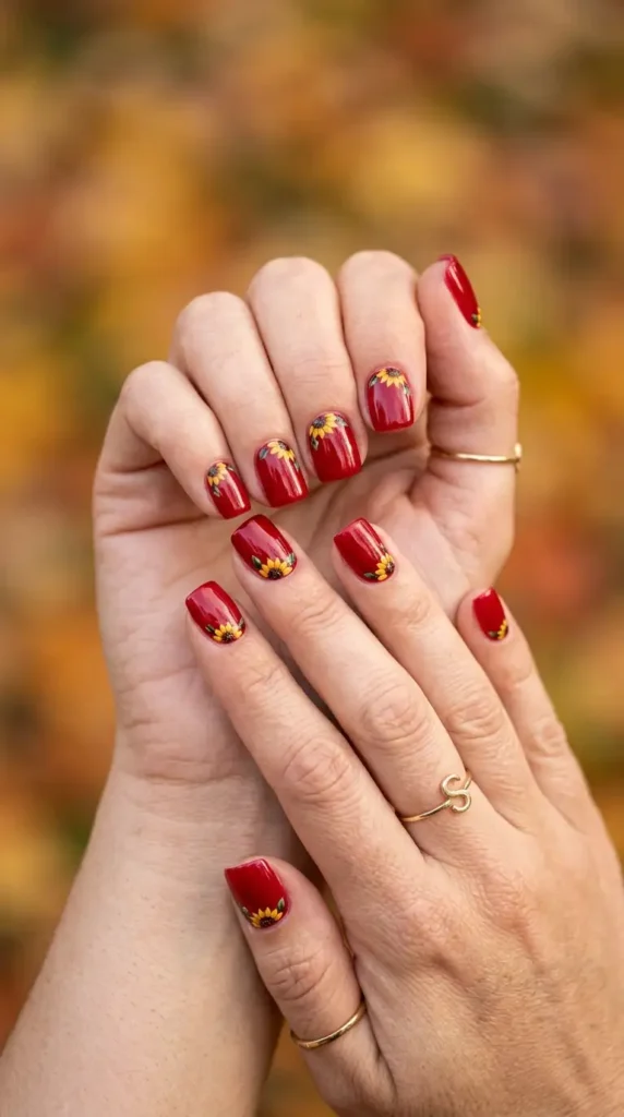 Short Square Red Nails with Tiny Sunflowers