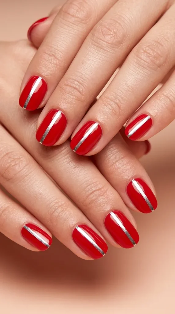Silver Stripe Red Nails