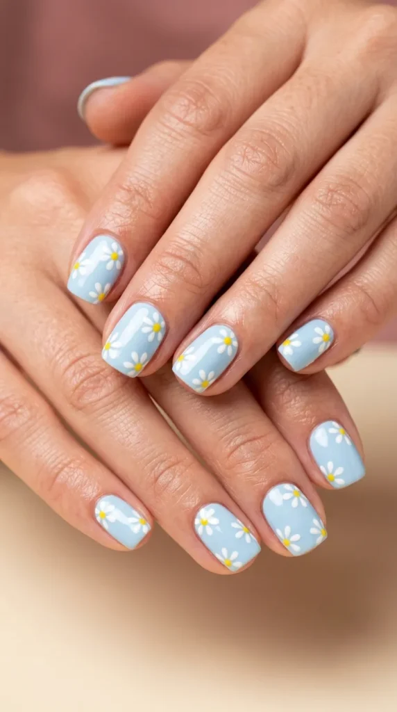 Sky Blue Daisy Nails