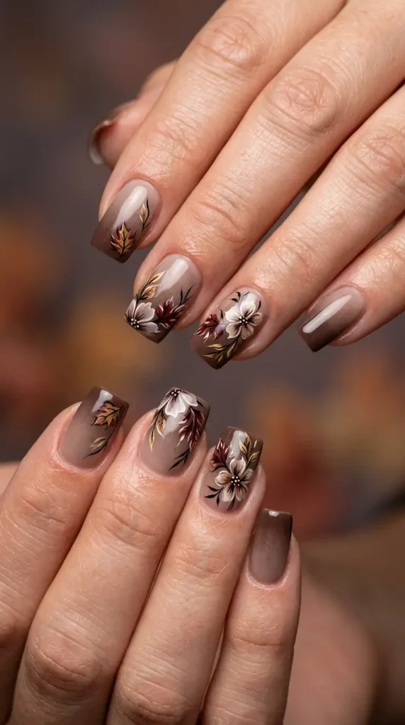 Smoky Brown Airbrush Floral Nails