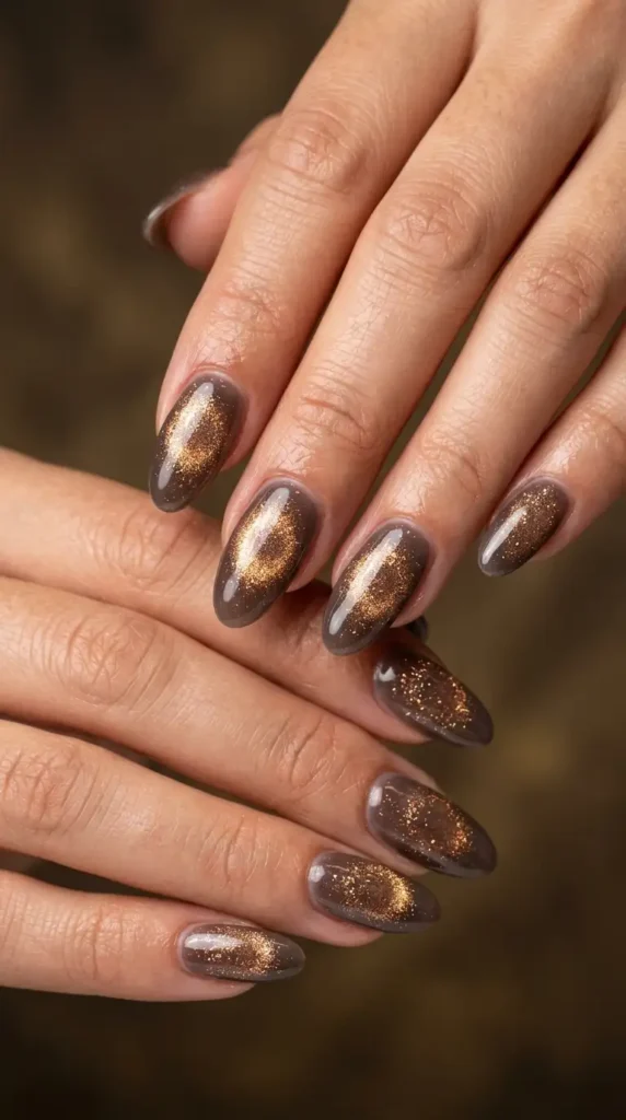 Smoky Brown Glitter Aura Nails