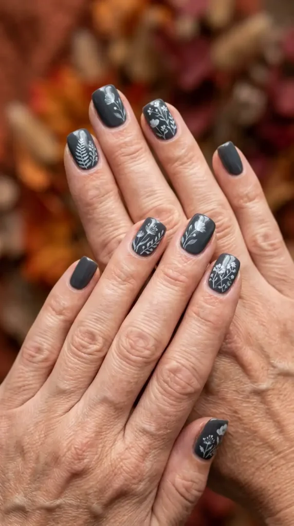 Smoky Gray Nails with Soft Botanical Prints