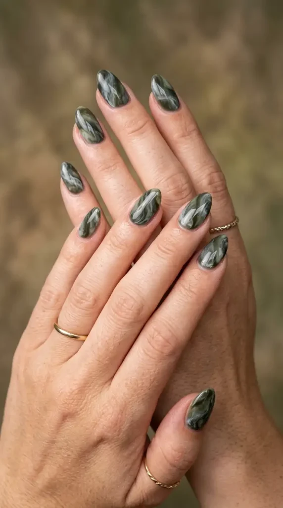 Smoky Olive Marble Nails