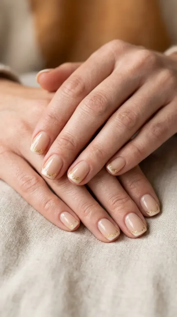 Soft Beige French Tips with Gold Flakes