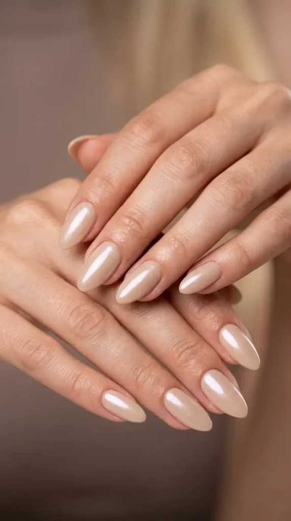 Soft Beige Glazed Almond Nails