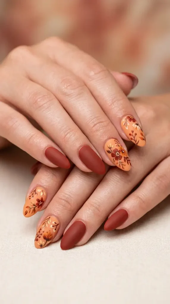 Soft Peach & Rust Floral Nails