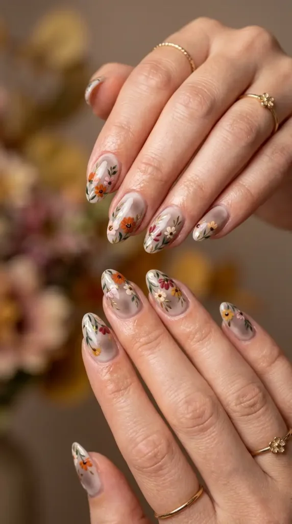 Soft Taupe Floral Airbrush Nails