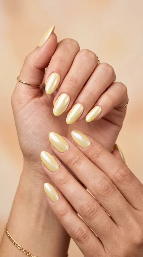 Soft Yellow Chrome Nails