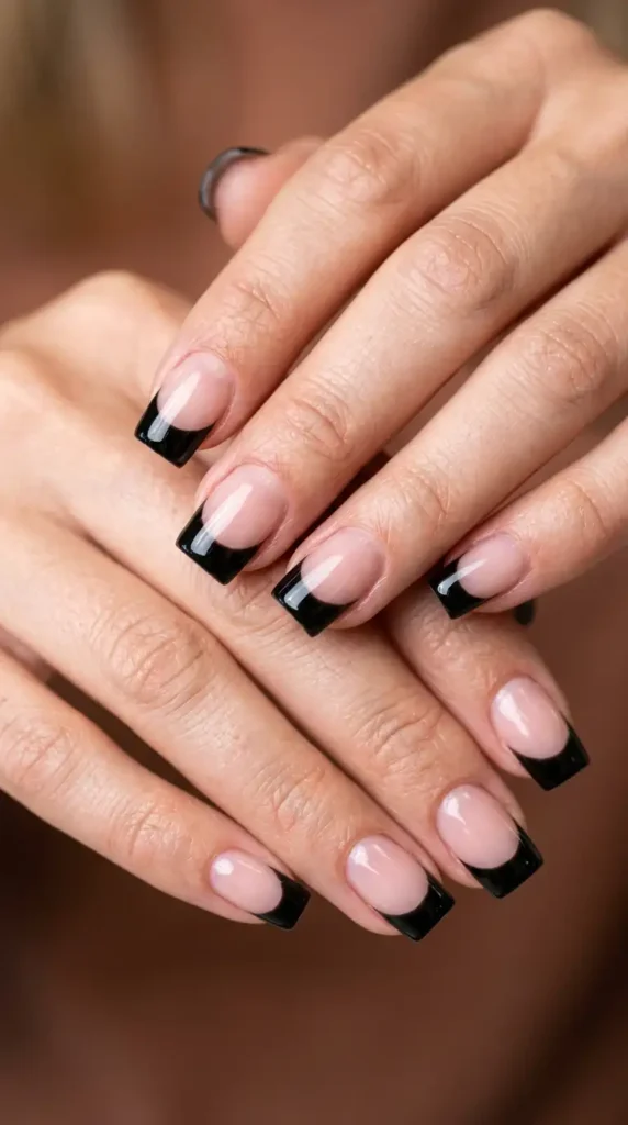 Square Black French Tips with High Shine Top Coat