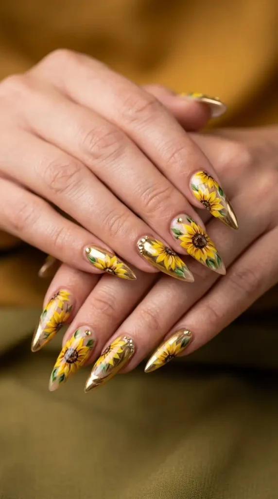 Stiletto Sunflower Glam Nails