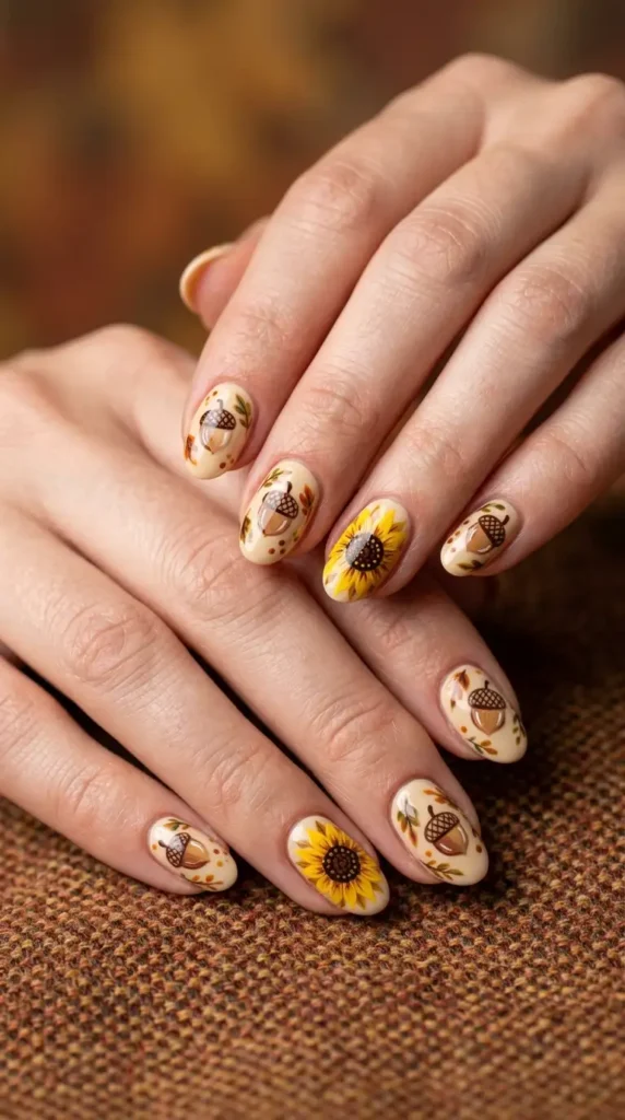 Sunflower & Acorn Nail Art