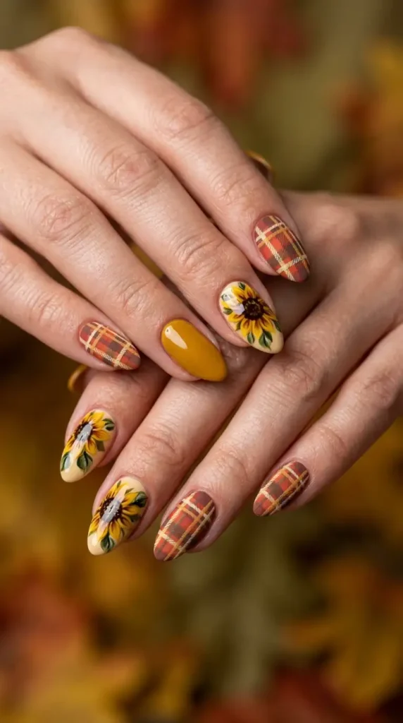 Sunflower and Plaid Fall Nails