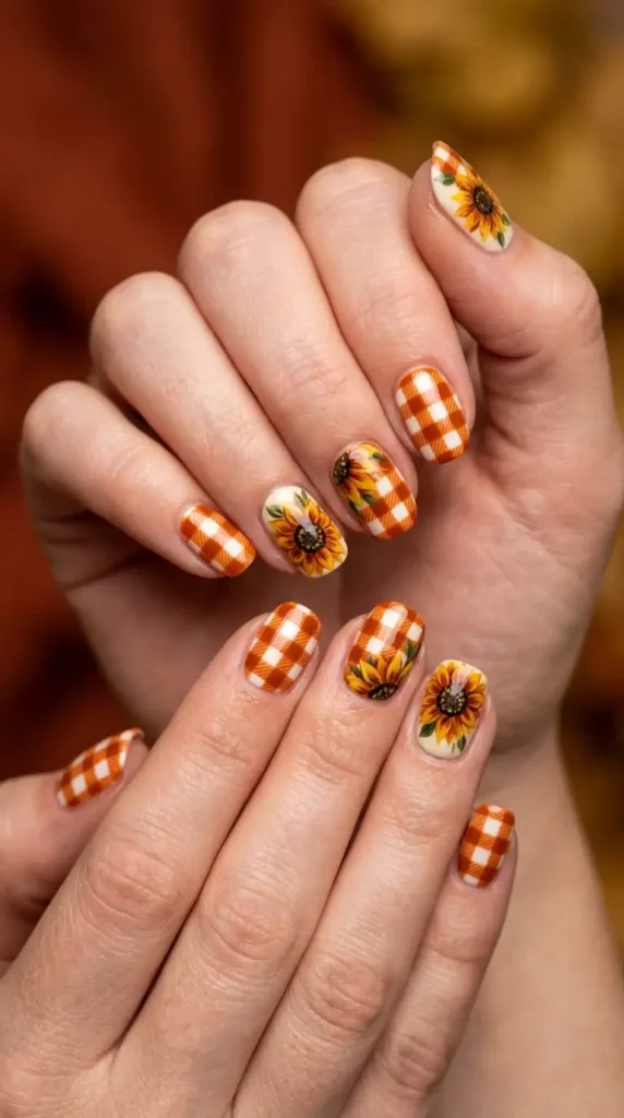 Sunflower Picnic Gingham Nails