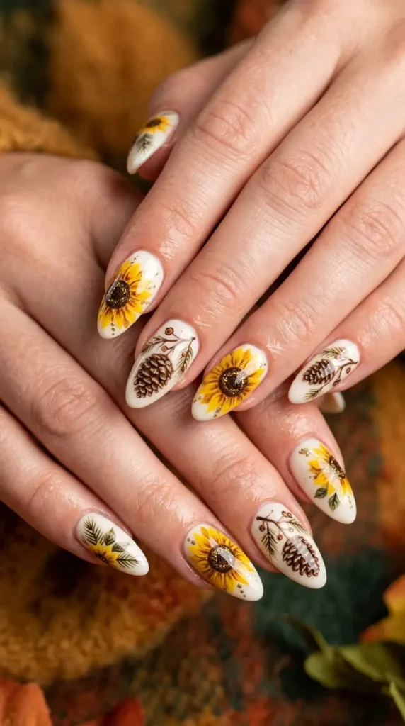Sunflower & Pinecone Nail Art