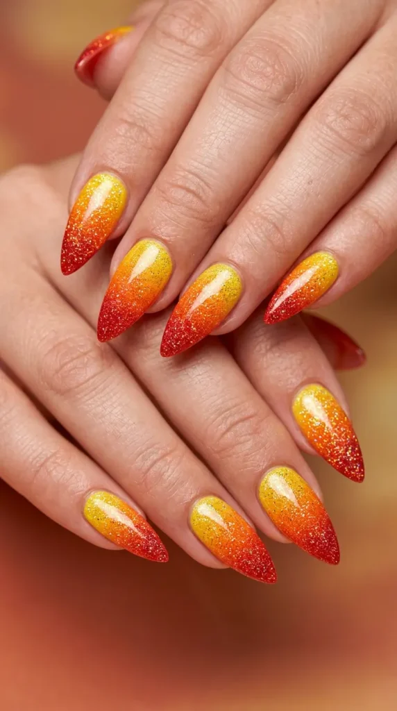 Sunset Glitter Ombre Stiletto Nails