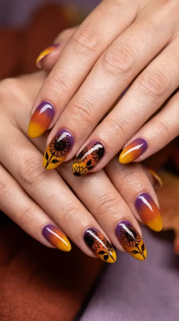 Sunset Gradient Sunflower Nails