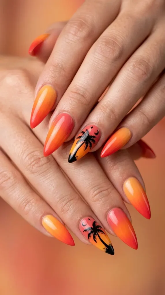 Sunset Palm Silhouette Stiletto Nails