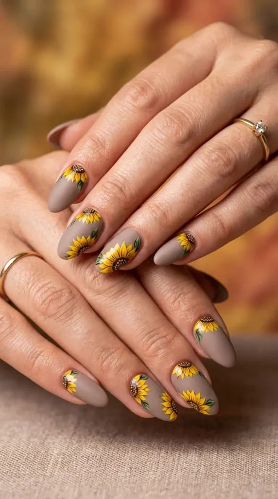 Taupe Acrylic Nails with Sunflower Half-Moon Art