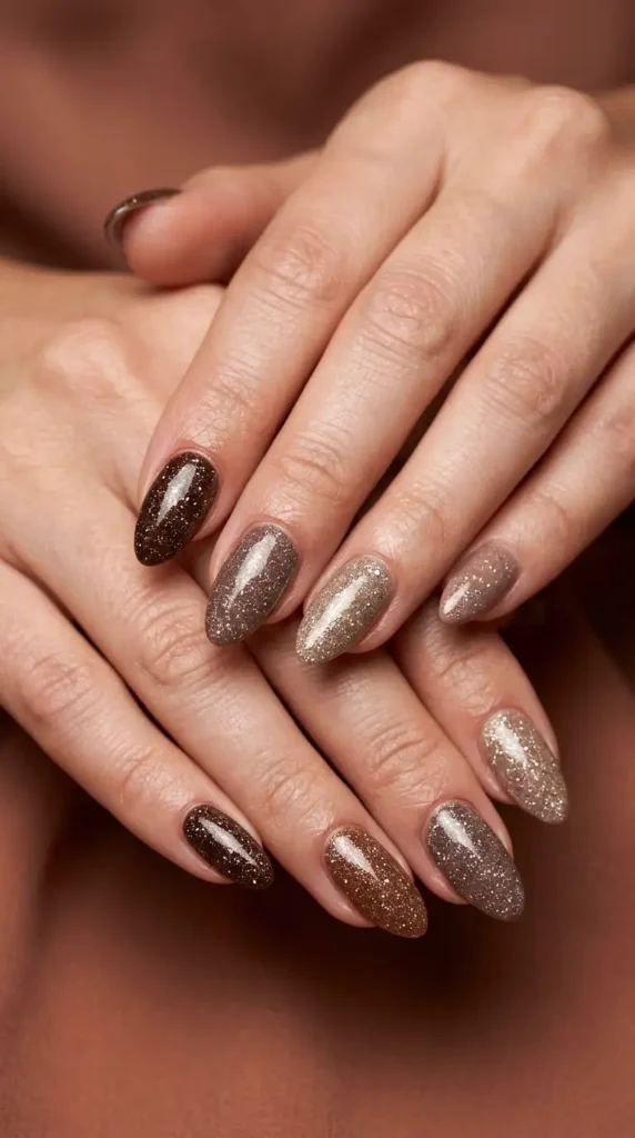 Taupe Brown Glitter Skittle Nails