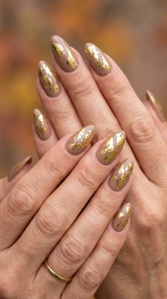 Taupe & Gold Foil Nails