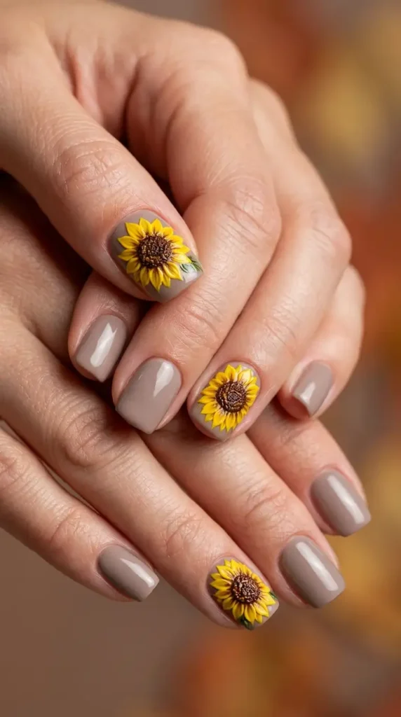 Taupe Nails with Hand-Painted Sunflowers