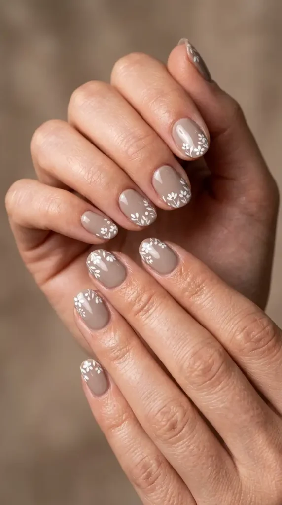 Taupe & White Wildflower Nails