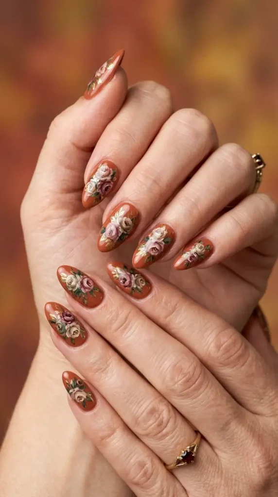 Terracotta Nails with Vintage Rose Art