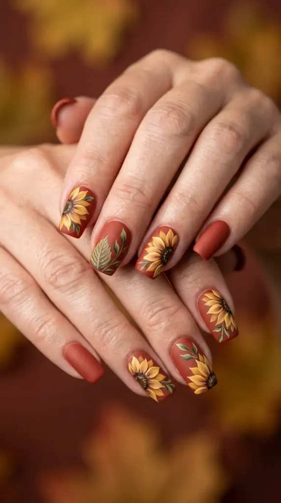 Terracotta Red Floral Nails