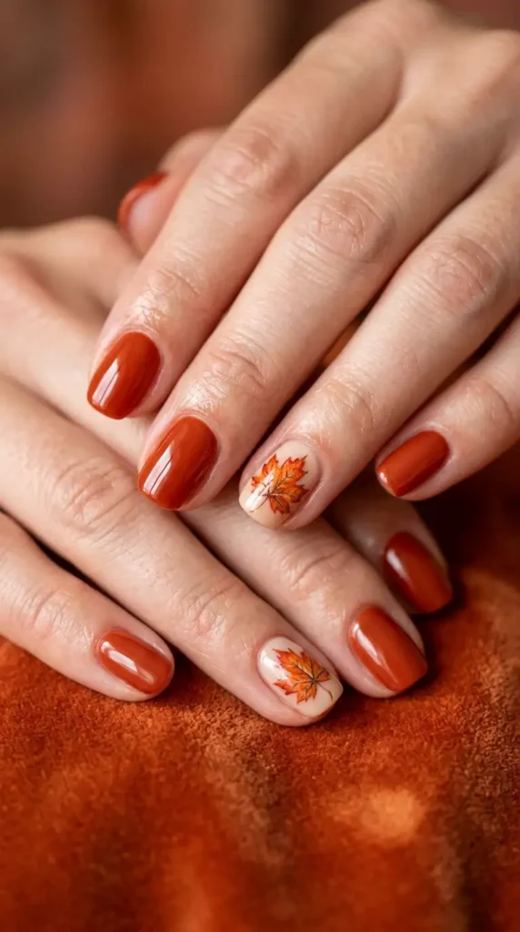 Tiny Autumn Leaf Accent Nails