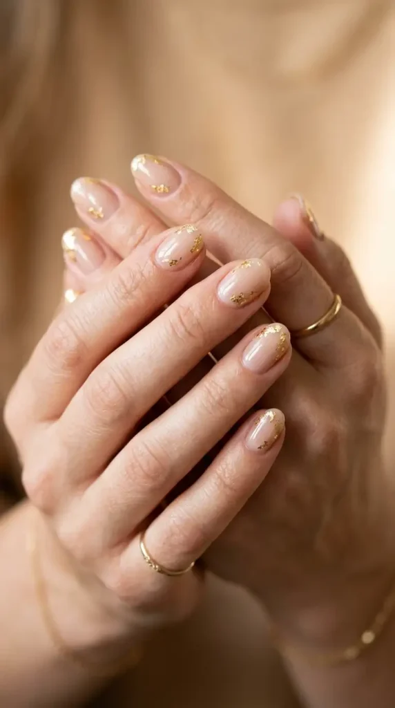 Tiny Gold Leaf Nude Nails