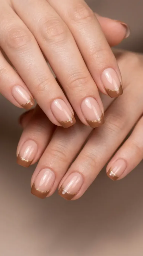 Toffee French Tips with Fine Glitter Line