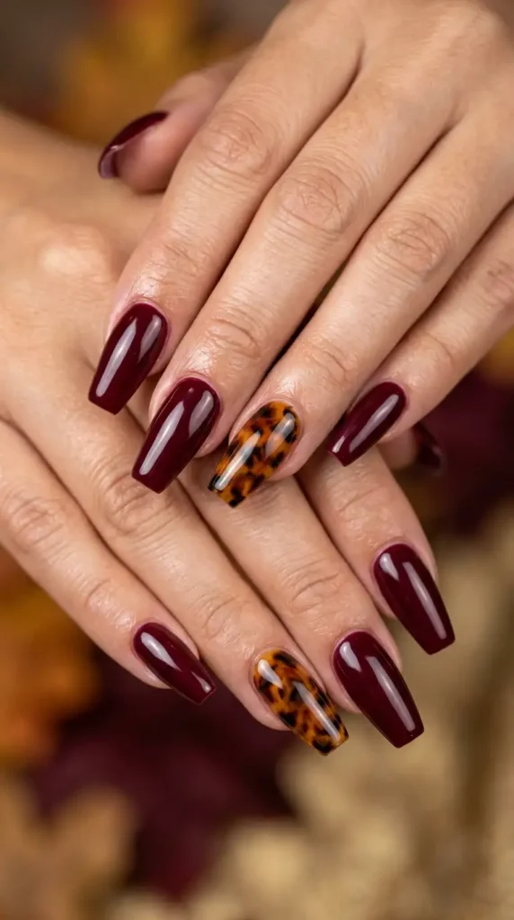 Tortoiseshell Accent Burgundy Nails
