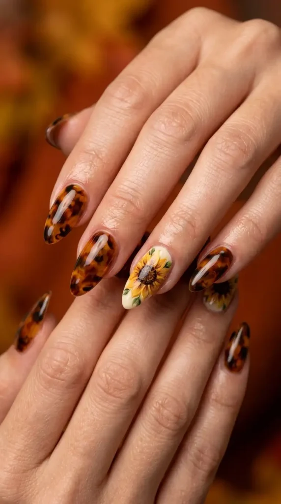 Tortoiseshell Acrylic Nails with Floral Accent Nail