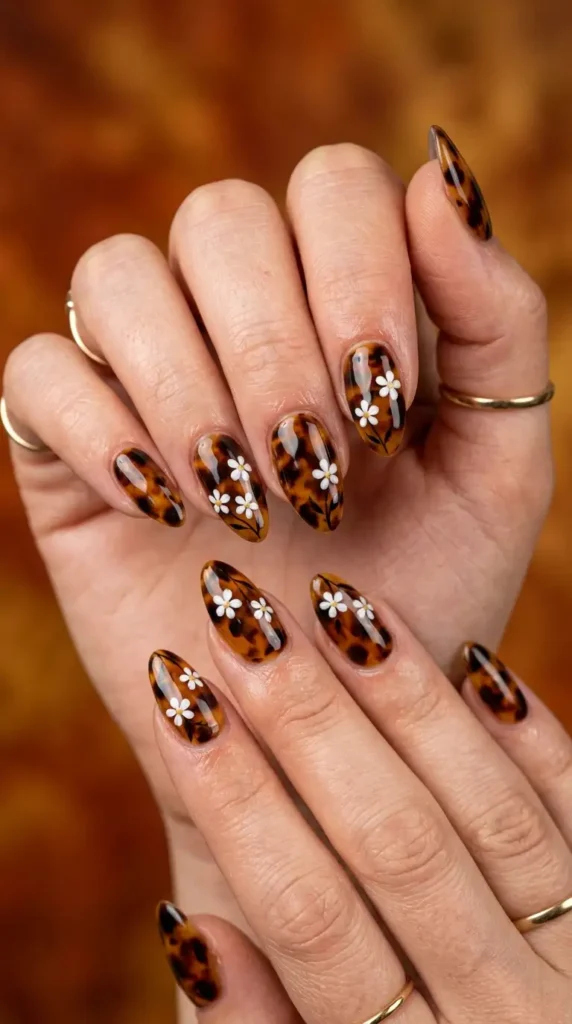 Tortoiseshell Nails with Floral Accents