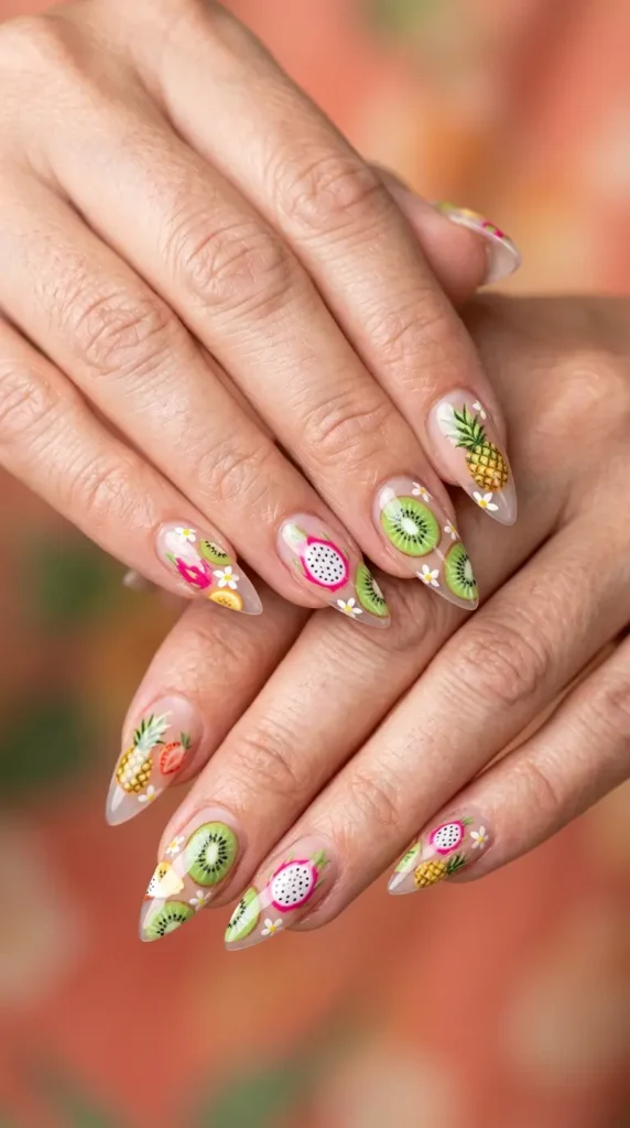 Tropical Fruit Accent Stiletto Nails