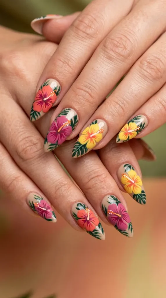 Tropical Hibiscus Floral Stiletto Nails