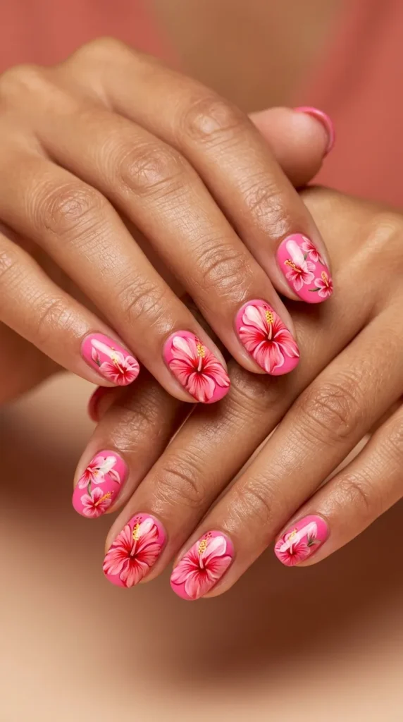 Tropical Hibiscus Flower Nail Designs